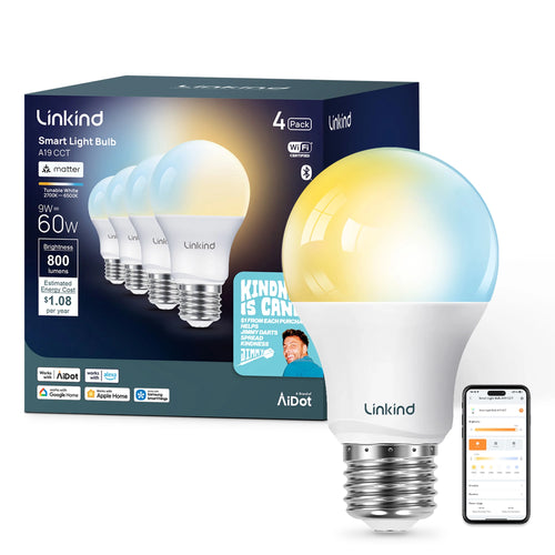 A19 Matter Smart Light Bulb, Tunable White, 9W, 800Lm, E26 Base, Jimmy Darts Version(4 Pack), 2025 Upgraded