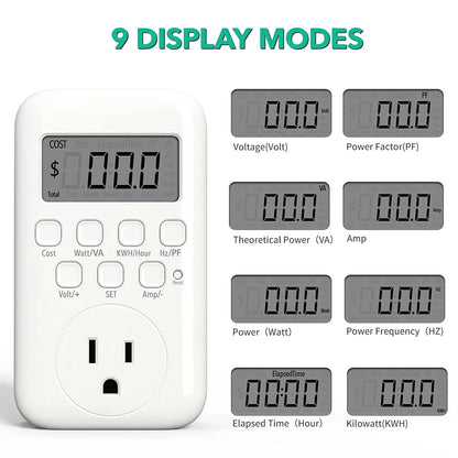 Watt Meter Plug, Plug-In Socket Power Meter Electricity Usage Monitor Consumption Home Electrical Energy Monitor, Voltage Amps Wattage Electricity Usage Tester, 9 Display Modes