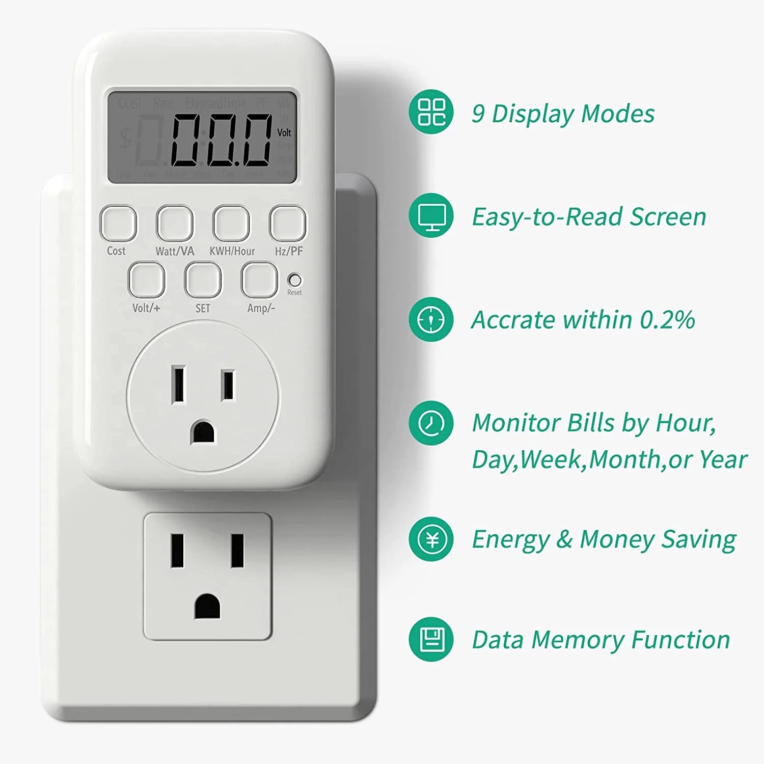 Watt Meter Plug, Plug-In Socket Power Meter Electricity Usage Monitor Consumption Home Electrical Energy Monitor, Voltage Amps Wattage Electricity Usage Tester, 9 Display Modes