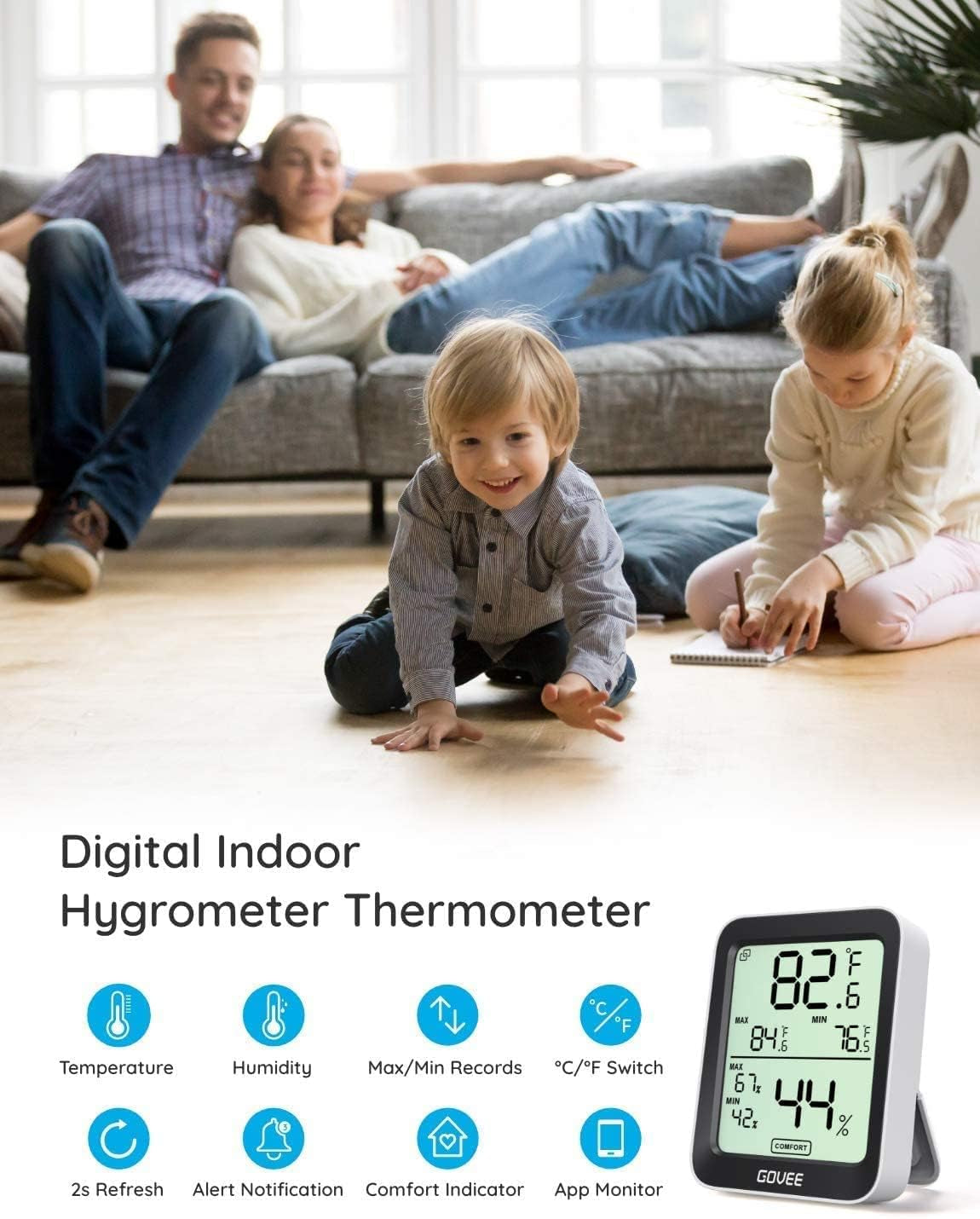 Digital Hygrometer Indoor Thermometer Room H5075, Bluetooth Temperature Humidity Meter with 164Ft Remote App Control, Notification Alerts, 2 Years Data Storage Export for Bedroom, Wine Cellar