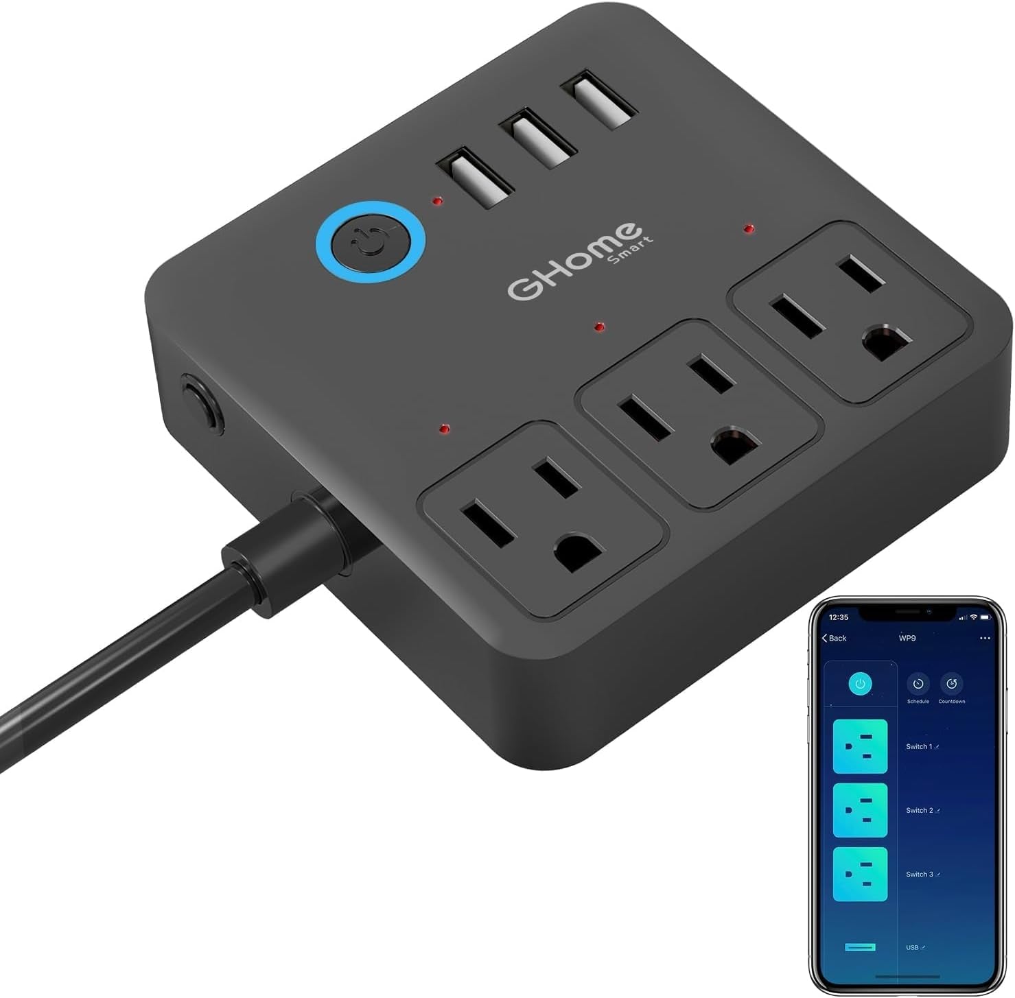 Power Strip with 3 USB Ports & 3 Smart Outlets Plugs That Work with Alexa & Google Home, Wifi Surge Protector, Flat Plug for Home Office Travel, 10A