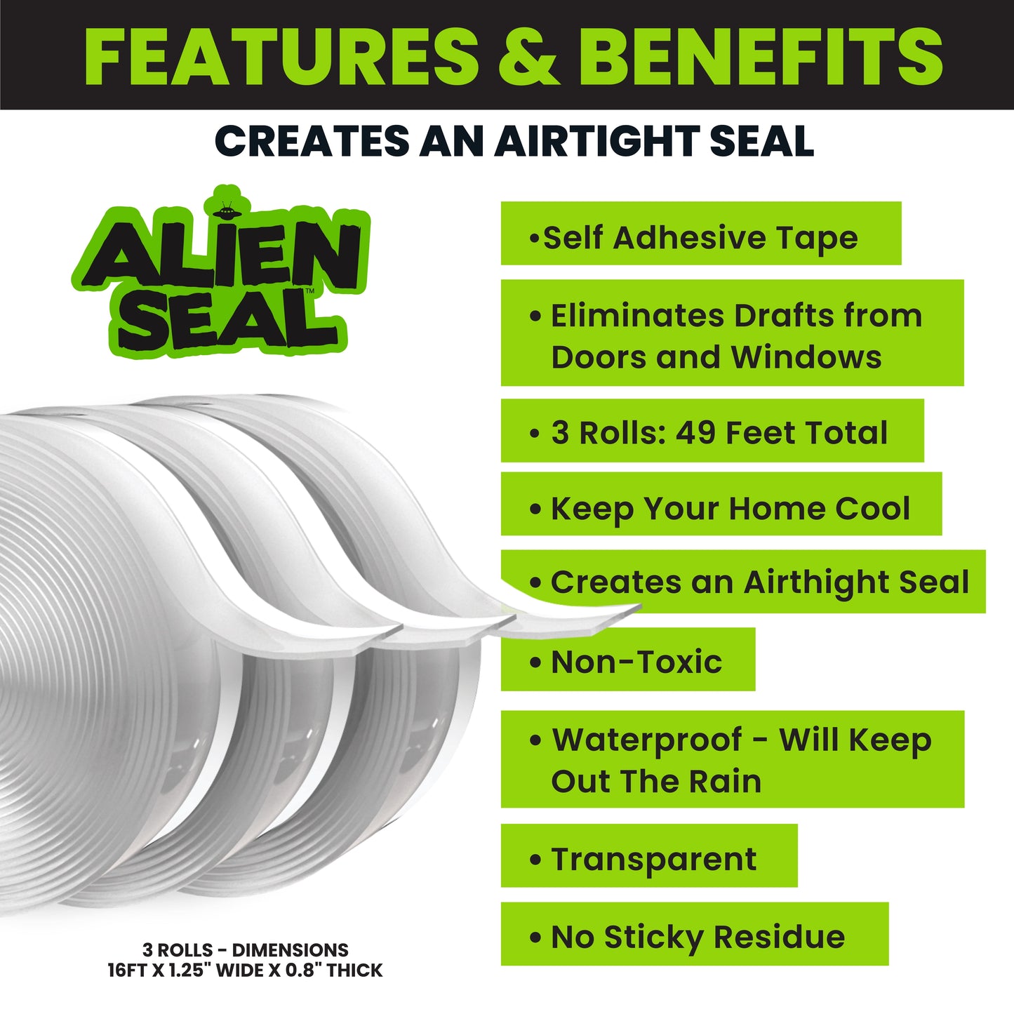 Alien Seal Draft Seal Window Door Seal Strip Transparent Windproof Sealing Tape Self Adhesive Draft Seal Tape 3 Rolls 49Ft