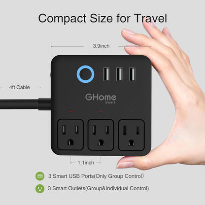 Power Strip with 3 USB Ports & 3 Smart Outlets Plugs That Work with Alexa & Google Home, Wifi Surge Protector, Flat Plug for Home Office Travel, 10A